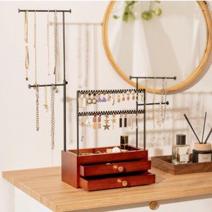 5-Tier Jewelry Stand - Earring Holders - Necklace Towers + 2 Wooden Drawers